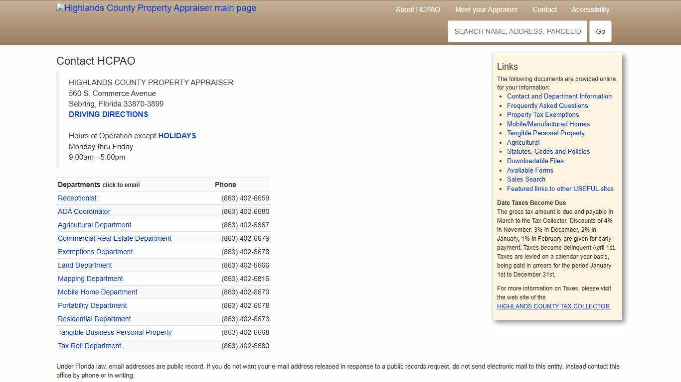 Contact HCPAO - Highlands County Property Appraiser